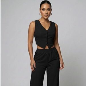 Tailored Button Vest with Adjustable Back Tie & Wide Leg Pants Set
